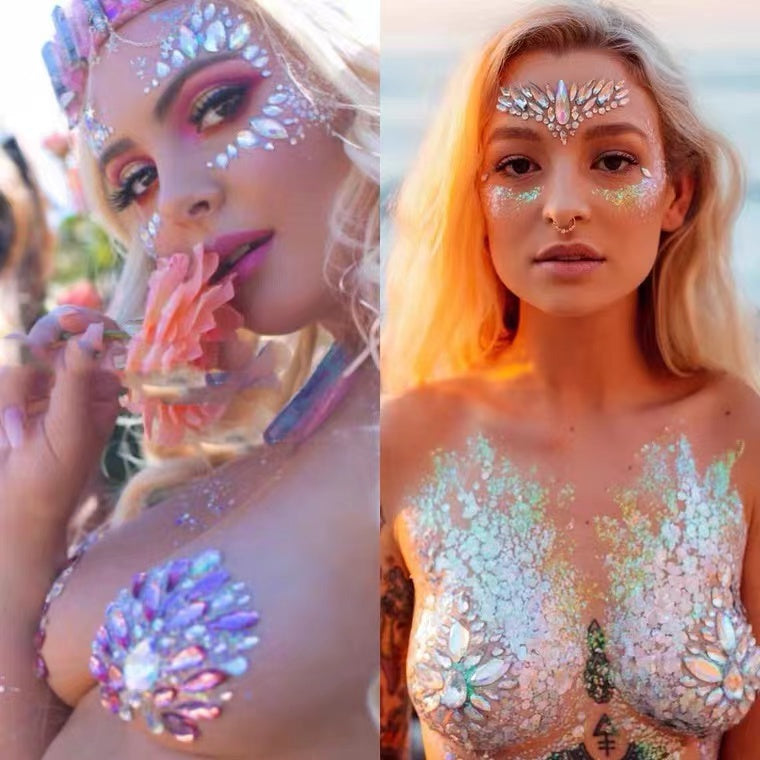 Women Kids 4 Sheets breast body neck Nipple Crystal Glitter Rhinestone Diamond Stickers Art Designs Self Adhesive Gem Festival Makeup Temporary Tattoos for Rave Festival Party