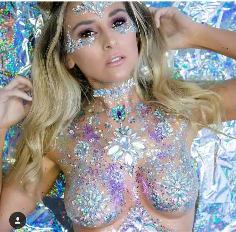 Women Kids 4 Sheets breast body neck Nipple Crystal Glitter Rhinestone Diamond Stickers Art Designs Self Adhesive Gem Festival Makeup Temporary Tattoos for Rave Festival Party