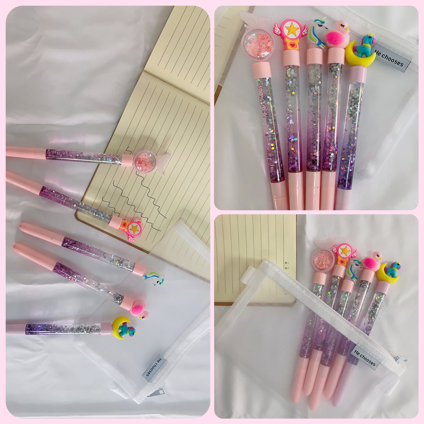 5 PCS Kids Girls Unicorn Ink Pen Rollerball Glitter Quicksand Drying Extra Fine Ballpoint Premium 0.5mm for Office School Stationery with Party bag fillers