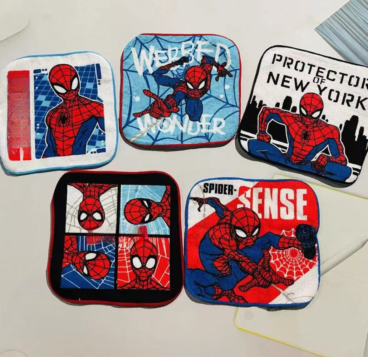 5 Pcs Soft Kids Washcloth Towels with Princess Mermaid Spider , Multicolor Children's boys girls Facial Hand Towel, Cotton Baby Face Washer Hand Towels 15 x 15 CM(Spiderman)