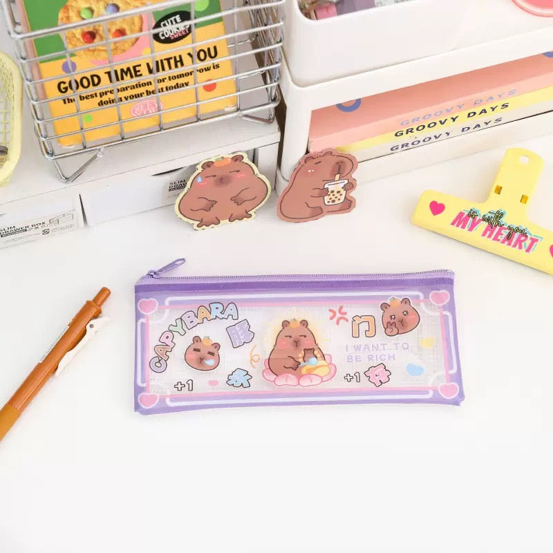 4pcs Capybara Pencil Case, Portable for Stationery, Transparent Zipper Pen Holder Bag, Wide Opening Pen Bag for School Supplies for Teenage Girls, Boys (Capybara)