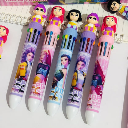 Multicolor teddy bear Pens 0.5mm 10-in-1 Retractable Ballpoint Pens 10 Colors Transparent Barrel Ballpoint Pen for Office Supplies and kids school (KPOP(random color))