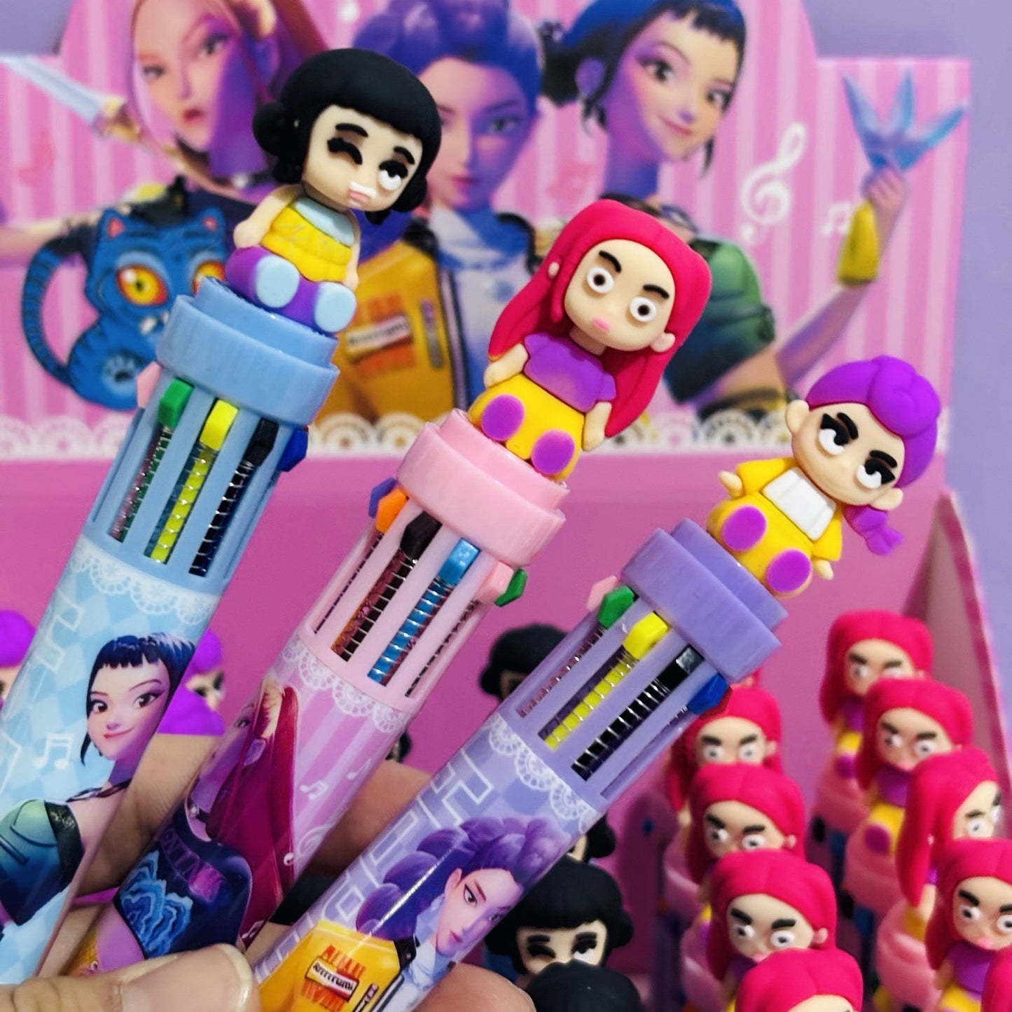 Multicolor teddy bear Pens 0.5mm 10-in-1 Retractable Ballpoint Pens 10 Colors Transparent Barrel Ballpoint Pen for Office Supplies and kids school (KPOP(random color))