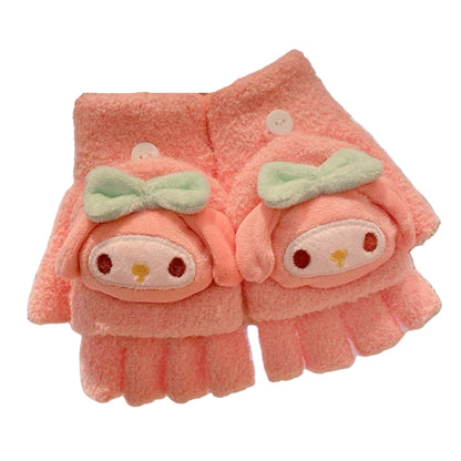 Fingerless Flap Cover Gloves Winter Knit Warm Mittens Soft Lined Fleece Thermal Outdoor Half Finger with Cover Convertible Flip Top for Kids boys girls(3D My Melody)