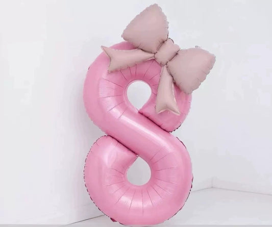 40'' Pink Number with Bow Balloon, Self Inflating Foil Light Pink Set 0-9, Pastel Pink Helium Balloon for Girls Birthday Party Decorations Anniversary Supplies (Pink, Number 8)