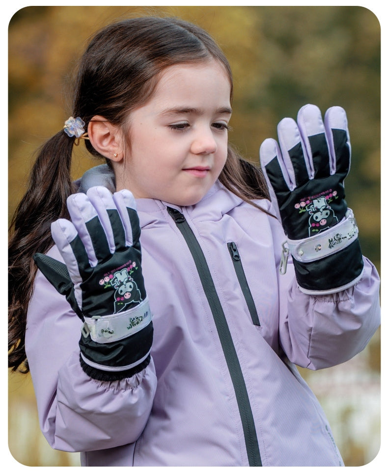 Kids Boy Girl Waterproof Winter Snow Ski Snowboard Fleece Thermal Warm Outdoor Gloves（Hello Kitty）