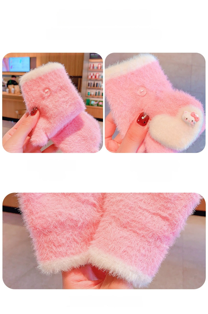 Fingerless Flap Cover Gloves Winter Knit Warm Mittens Soft Lined Fleece Thermal Outdoor Half Finger with Cover Convertible Flip Top for Kids boys girls (Kuromi)