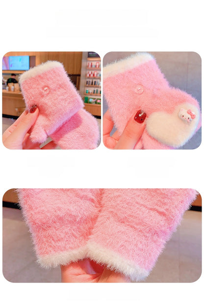 Fingerless Flap Cover Gloves Winter Knit Warm Mittens Soft Lined Fleece Thermal Outdoor Half Finger with Cover Convertible Flip Top for Kids boys girls (Kuromi)