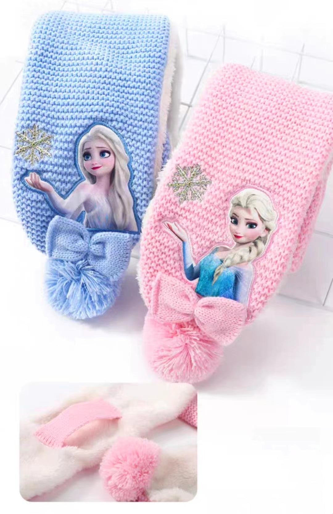 Kids Winter Beanie Hat Scarf for 2-10 Years Old Boys Girls.Outdoor Warm Fleece Lined Thermal Knit Fluffy Pom(Pink Elsa)