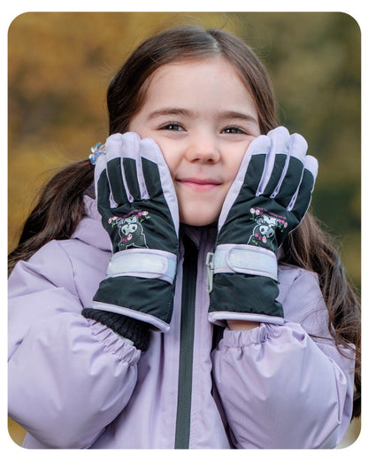 Kids Boy Girl Waterproof Winter Snow Ski Snowboard Fleece Thermal Warm Outdoor Gloves(Kuromi)