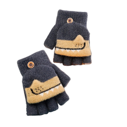 Fingerless Flap Cover Gloves Winter Knit Warm Mittens Soft Lined Fleece Thermal Outdoor Half Finger with Cover Convertible Flip Top for Kids boys girls (Dinosaur)