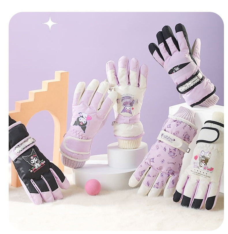Kids Boy Girl Waterproof Winter Snow Ski Snowboard Fleece Thermal Warm Outdoor Gloves(Kuromi)