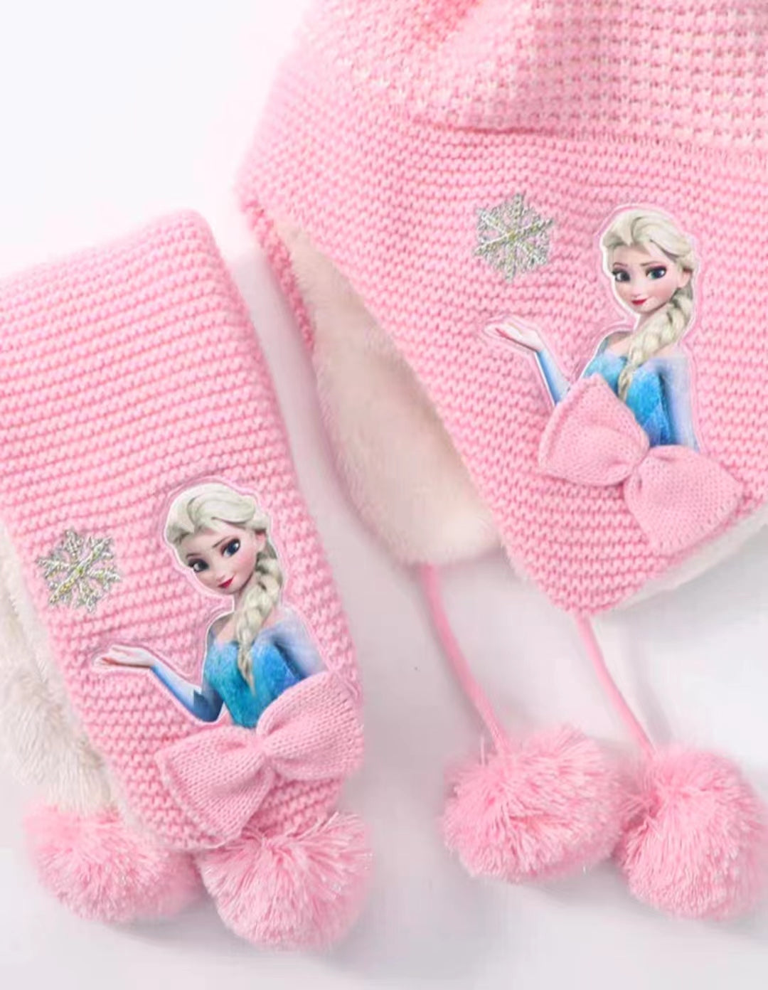 Kids Winter Beanie Hat Scarf for 2-10 Years Old Boys Girls.Outdoor Warm Fleece Lined Thermal Knit Fluffy Pom(Pink Elsa)