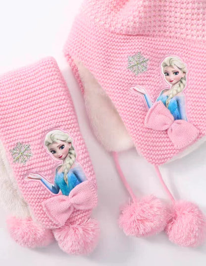Kids Winter Beanie Hat Scarf for 2-10 Years Old Boys Girls.Outdoor Warm Fleece Lined Thermal Knit Fluffy Pom(Pink Elsa)