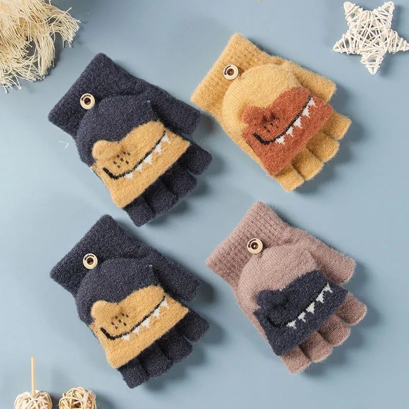 Fingerless Flap Cover Gloves Winter Knit Warm Mittens Soft Lined Fleece Thermal Outdoor Half Finger with Cover Convertible Flip Top for Kids boys girls (Dinosaur)
