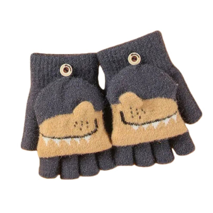 Fingerless Flap Cover Gloves Winter Knit Warm Mittens Soft Lined Fleece Thermal Outdoor Half Finger with Cover Convertible Flip Top for Kids boys girls (Dinosaur)