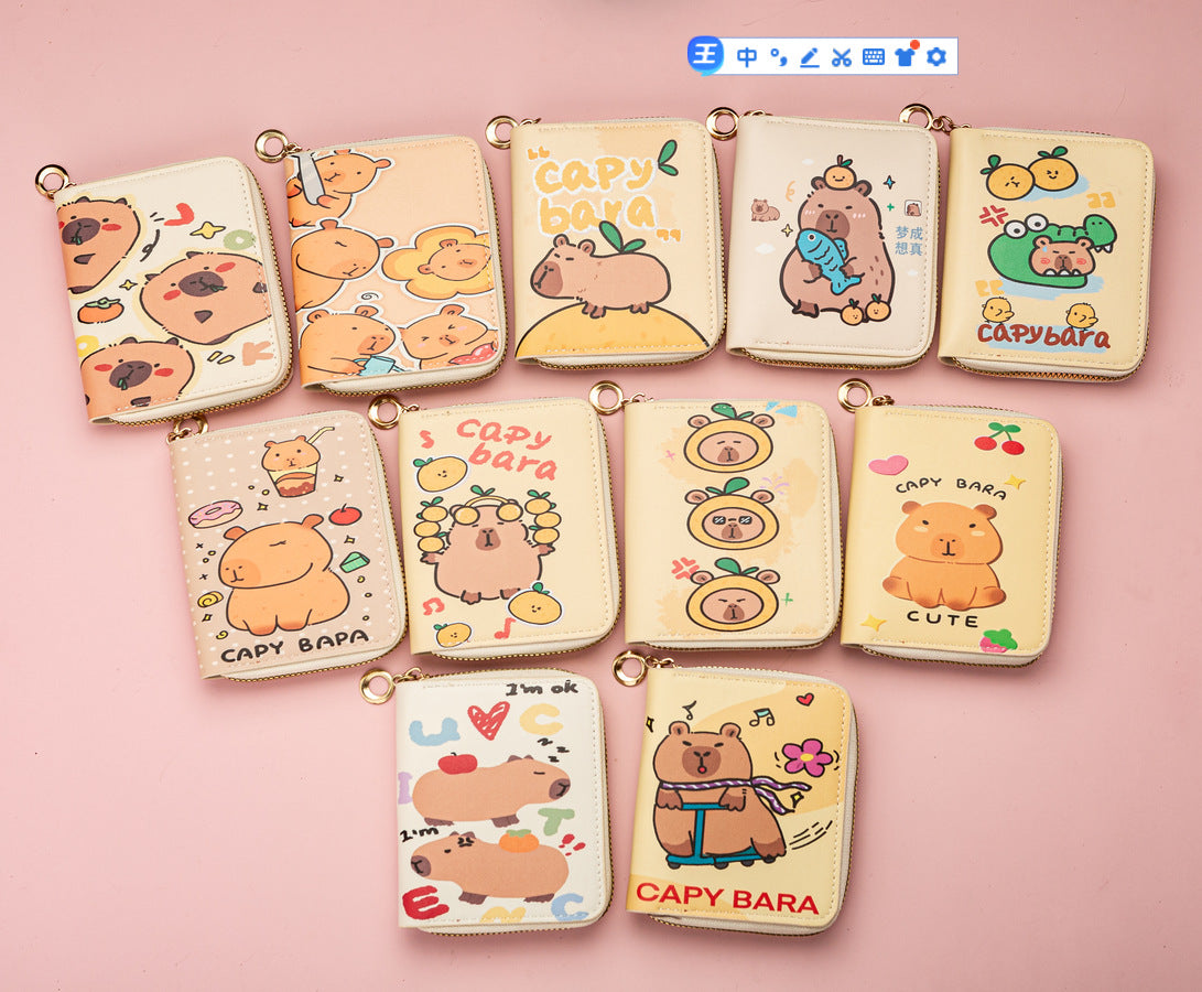 Kids GIrls Women Wallet Cute Trifold Wallet with Coin Purse Card Slots with zip pockets Gifts PU leather (Capybara)