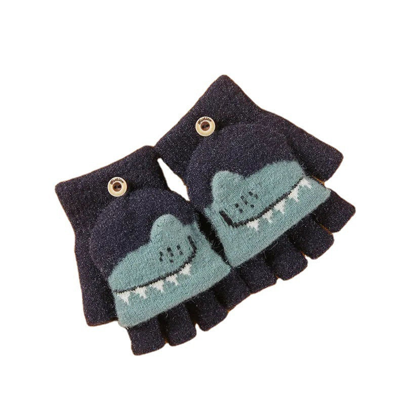 Fingerless Flap Cover Gloves Winter Knit Warm Mittens Soft Lined Fleece Thermal Outdoor Half Finger with Cover Convertible Flip Top for Kids boys girls (Penguin)