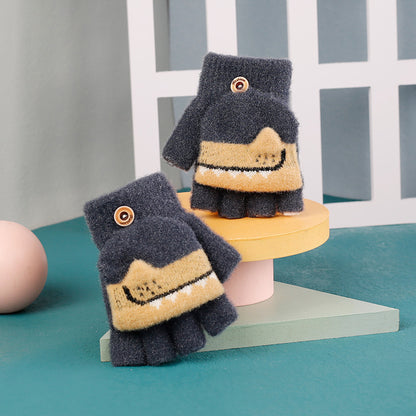 Fingerless Flap Cover Gloves Winter Knit Warm Mittens Soft Lined Fleece Thermal Outdoor Half Finger with Cover Convertible Flip Top for Kids boys girls (Penguin)