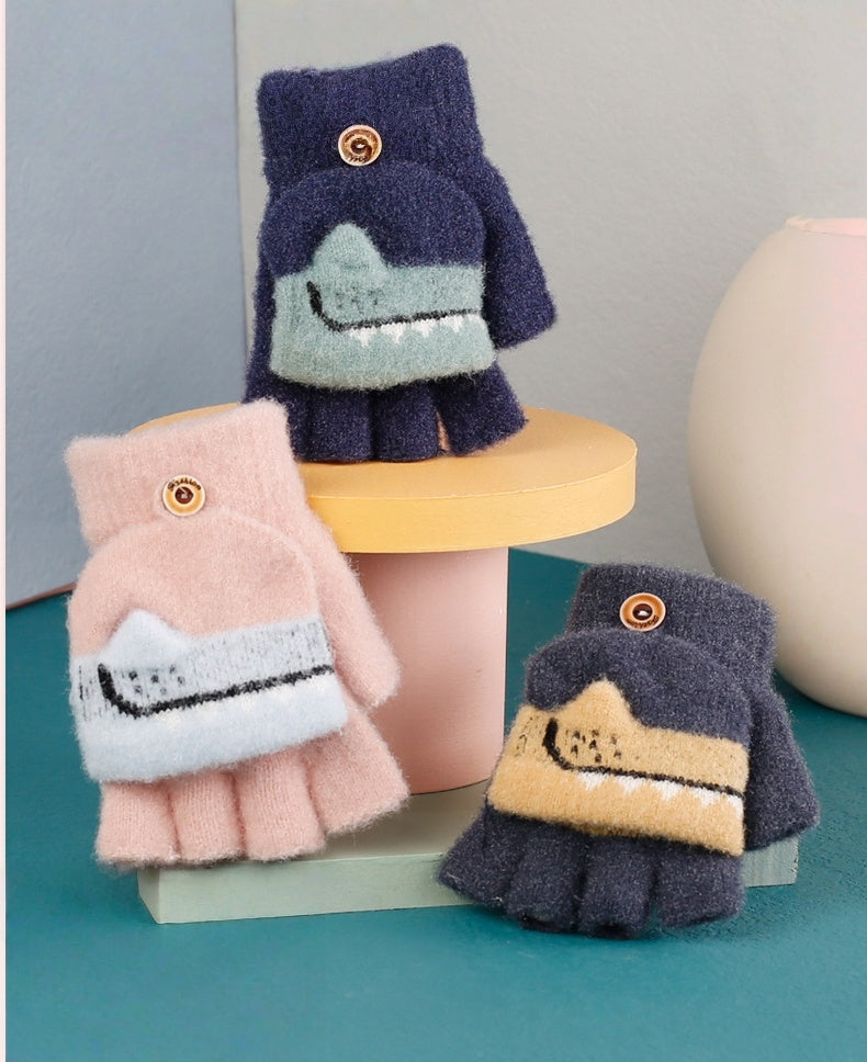 Fingerless Flap Cover Gloves Winter Knit Warm Mittens Soft Lined Fleece Thermal Outdoor Half Finger with Cover Convertible Flip Top for Kids boys girls (Dinosaur)