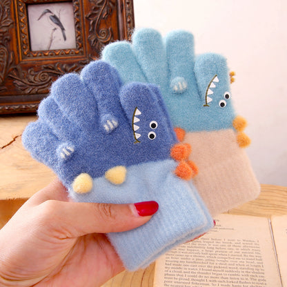 Full Finger Gloves Dinosaur Cat Capybara Winter Knit Warm Mittens Soft Lined Fleece Thermal Outdoor Stretchy Gloves for Kids boys girls (Dinosaur)