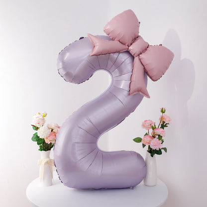 40'' Purple Number with Bow Balloon, Self Inflating Foil Light Pink Set 0-9, Pastel Pink Helium Balloon for Girls Birthday Party Decorations Anniversary Supplies (Purple, Number 9)