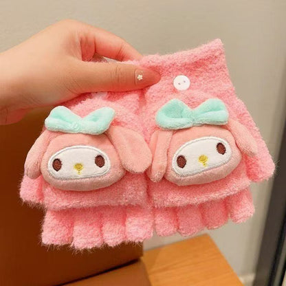 Fingerless Flap Cover Gloves Winter Knit Warm Mittens Soft Lined Fleece Thermal Outdoor Half Finger with Cover Convertible Flip Top for Kids boys girls(3D Cinnamoroll)