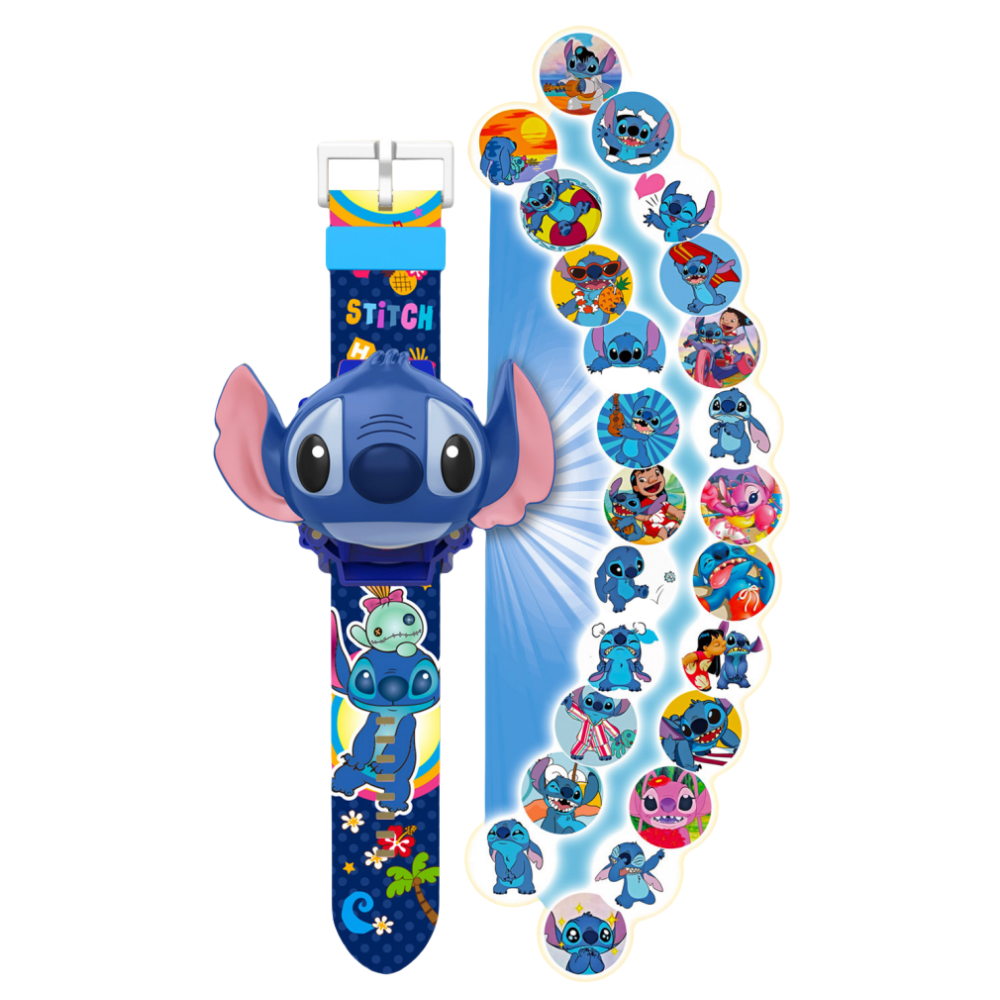 Superhero Robert Watch with 24 Super Projection Cartoon Hero Figurines Princess, Electronic Watch for Boys Girls Projector 3D (Stitch)