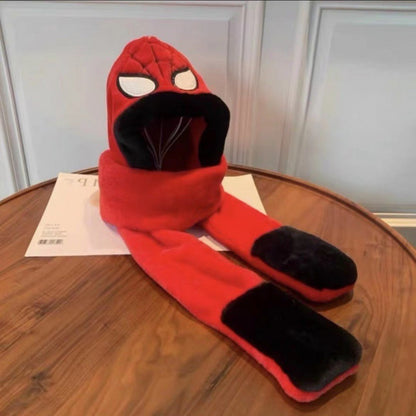 Kids Cartoon 3 in 1 Hat Scarf Gloves Set Winter Warm Fleece Stch Faux Fur Hoodie Full Hood Thick Thermal Scarves Gifts for Boys and Girls Kids(Spiderman)