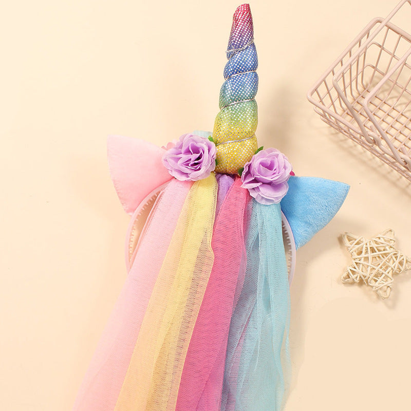 Unicorn Horn Floral Headband with Rainbow veil Ears Pony Head Bands Tiara for Girls Kids Headbands Party Birthday Cosplay Fancy costume