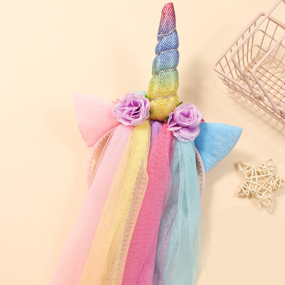 Unicorn Horn Floral Headband with Rainbow veil Ears Pony Head Bands Tiara for Girls Kids Headbands Party Birthday Cosplay Fancy costume