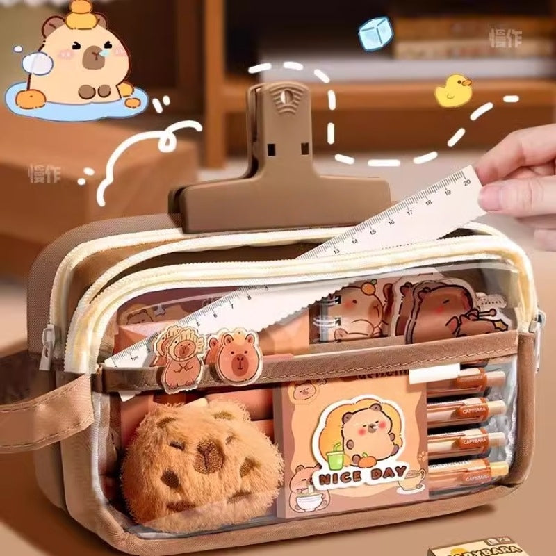 Capybara Stationery Set, Pencil Case with Stationary, Multi-Layer School Pencil Case, with Eraser, Ballpoint Pens, Sticker and More, school office supplier (Capybara)