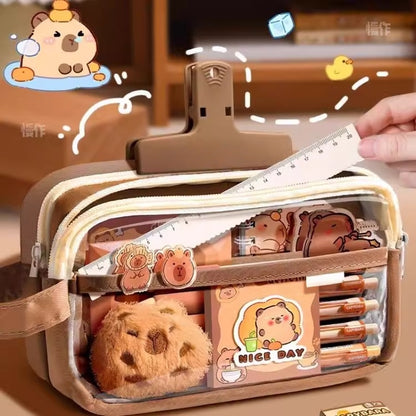 Capybara Stationery Set, Pencil Case with Stationary, Multi-Layer School Pencil Case, with Eraser, Ballpoint Pens, Sticker and More, school office supplier (Capybara)