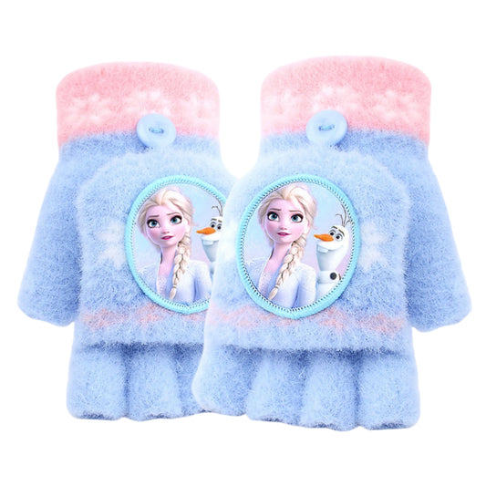 Fingerless Flap Cover Gloves Winter Knit Warm Mittens Soft Lined Fleece Thermal Outdoor Half Finger with Cover Convertible Flip Top for Kids boys girls (Blue Elsa)