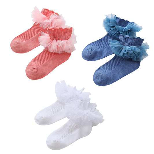 3 Pairs Kids Baby Girls Frilly Lace Tutu Flower Soft Cotton Socks Newborn Toddler Ankle Socks (Set01 4-6)