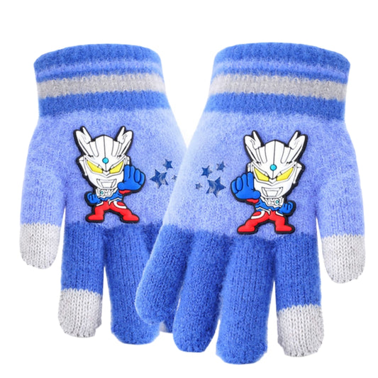 Full Finger Gloves Dinosaur Cat Capybara Winter Knit Warm Mittens Soft Lined Fleece Thermal Outdoor Stretchy Gloves for Kids boys girls (Blue Ultraman)