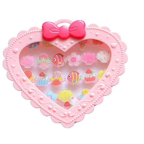 20Pcs Adjustable Princess pink Jewelry Girl Kids elsa Cartoon Plastic Rings Gift Set with Heart Shape Box