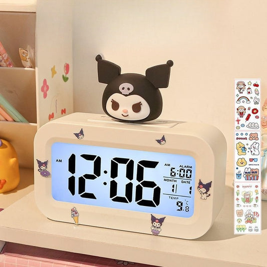LED Digital Children Alarm Clock With Night Light - Light Alarm Clock for Girls Boys Teenagers School Back To School Gifts Dual Alarms Snooze Modes Temperature Dates display (Kuromi)