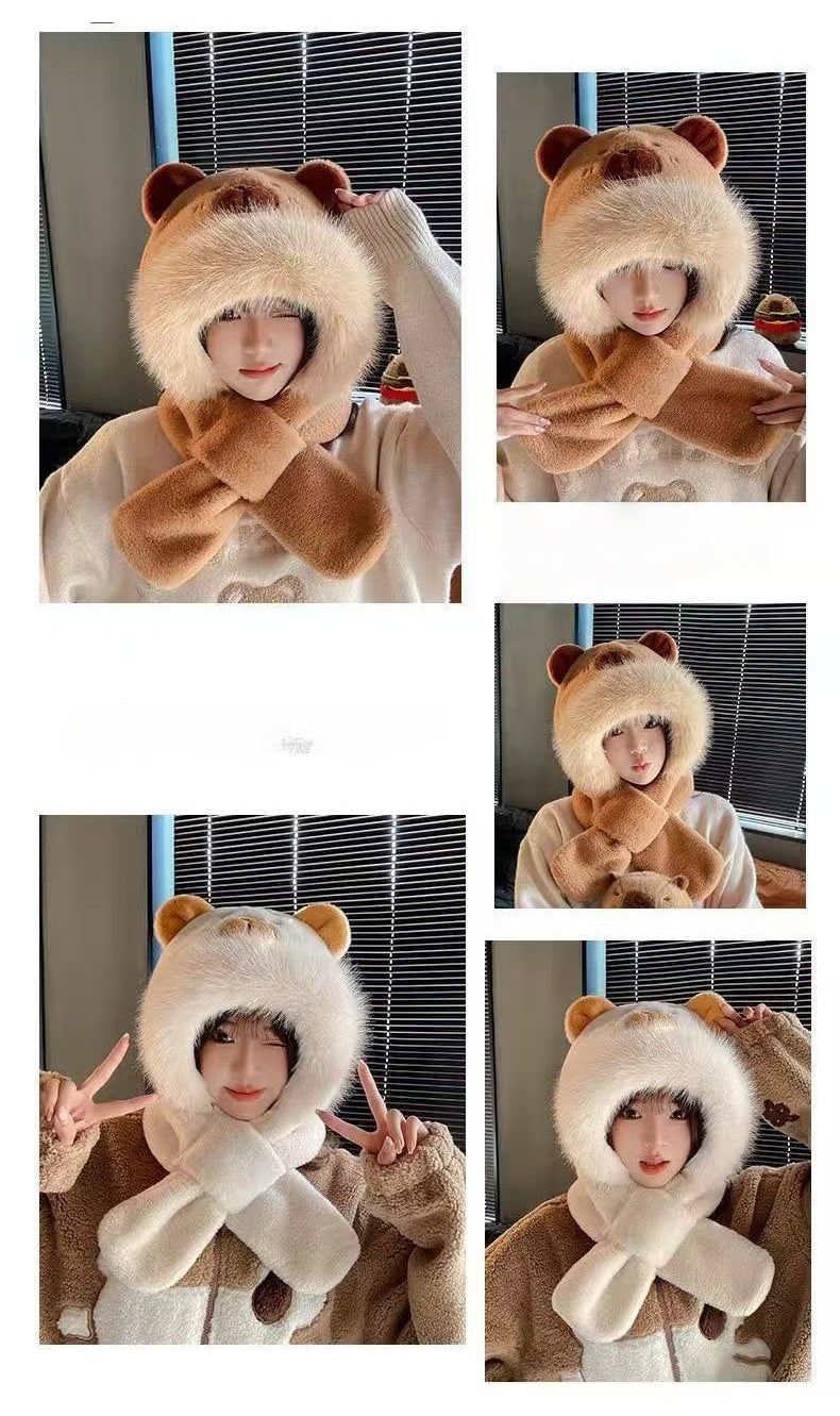 Kids Cartoon 3 in 1 Hat Scarf Gloves Set Winter Warm Fleece Faux Fur Hoodie Full Hood Thick Thermal Scarves Gifts for Boys and Girls Kids
