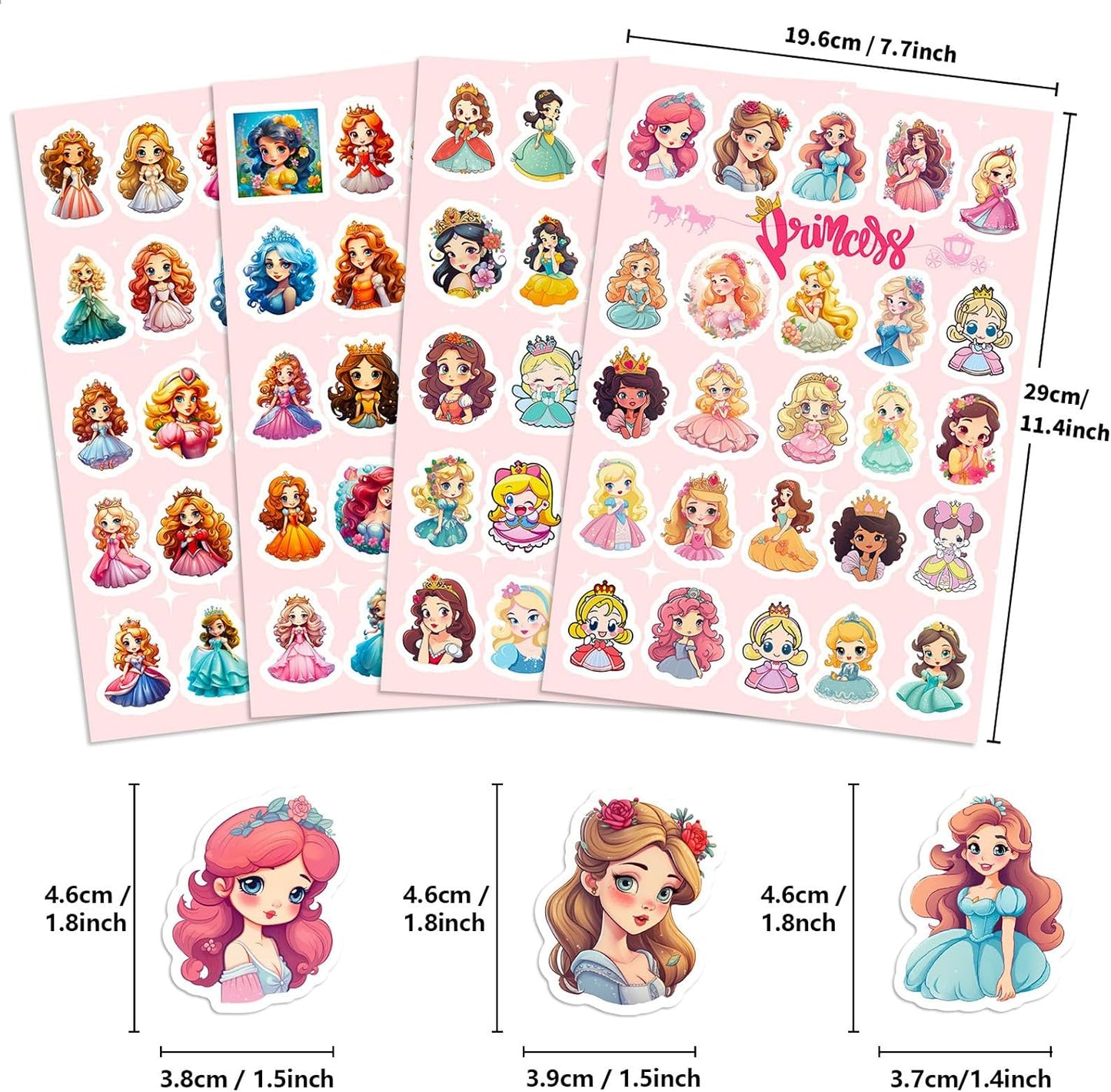 100PCS 4 Sheets Stickers Kids Toddlers Princess Waterproof Luggage Skateboard Party Bag Fillers Boys Girls Teachers as Reward Craft Scrapbooking