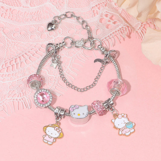 Magical kitty Sparkly Crystal Silver Plated Adjustable Charm Bracelet Birthday Gifts for Girls kids Birthday Jewellery Bracelets (Hello Kitty)