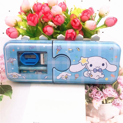 Cartoon Pencil Box with Sharpener & Eraser - Double Layer Metal Purple Pencil Box, Ideal for School & Birthday Gifts, Cartoon Pencil Childeren's Day Birthday Gift (Kuromi)