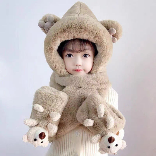 Kids Cartoon 3 in 1 Hat Scarf Gloves Set Winter Warm Fleece Stch Faux Fur Hoodie Full Hood Thick Thermal Scarves Gifts for Boys and Girls Kids (Khaki Bear)