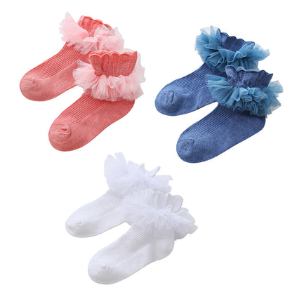 3 Pairs Kids Baby Girls Frilly Lace Tutu Flower Soft Cotton Socks Newborn Toddler Ankle Socks (Set01 1-3)