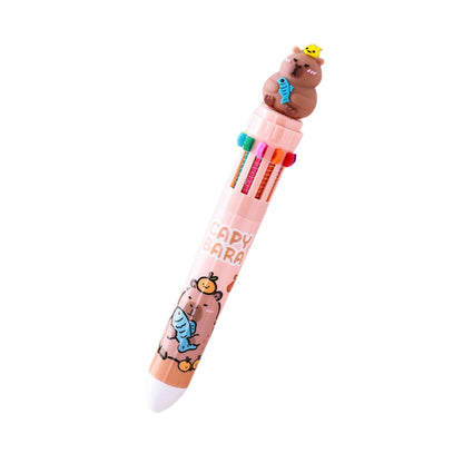 Multicolor teddy bear Pens 0.5mm 10-in-1 Retractable Ballpoint Pens 10 Colors Transparent Barrel Ballpoint Pen for Office Supplies and kids school (Capybara)