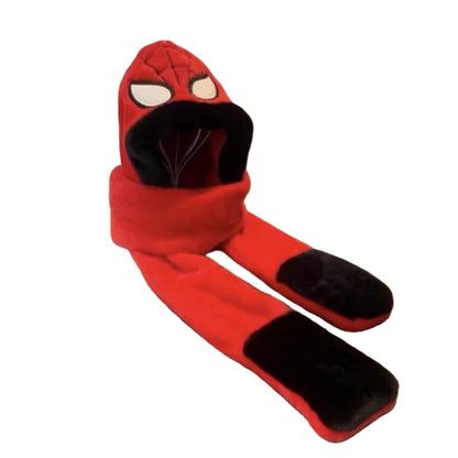Kids Cartoon 3 in 1 Hat Scarf Gloves Set Winter Warm Fleece Stch Faux Fur Hoodie Full Hood Thick Thermal Scarves Gifts for Boys and Girls Kids(Spiderman)