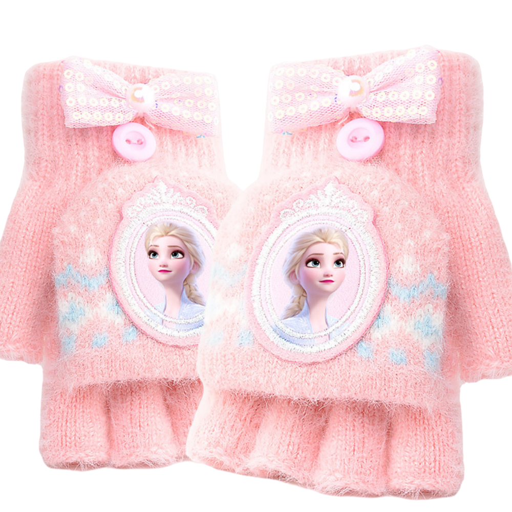 Fingerless Flap Cover Gloves Winter Knit Warm Mittens Soft Lined Fleece Thermal Outdoor Half Finger with Cover Convertible Flip Top for Kids boys girls (Pink Elsa)
