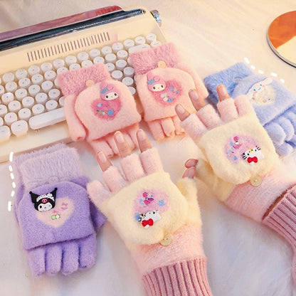 Fingerless Flap Cover Gloves Winter Knit Warm Mittens Soft Lined Fleece Thermal Outdoor Half Finger Gloves with Cover Convertible Flip Top for Kids