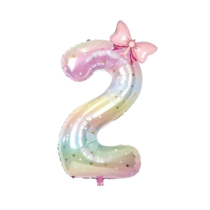 40'' Pink Number with Bow Balloon, Self Inflating Foil Light Pink Set 0-9, Pastel Pink Helium Balloon for Girls Birthday Party Decorations Anniversary Supplies (Rainbow, Number 2)