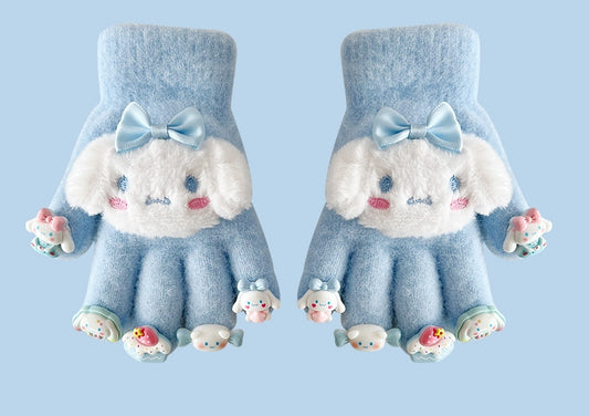 Full Finger Gloves Dinosaur Cat Capybara Winter Knit Warm Mittens Soft Lined Fleece Thermal Outdoor Stretchy Gloves for Kids boys girls (Cinnamoroll With A Doll, One Size)
